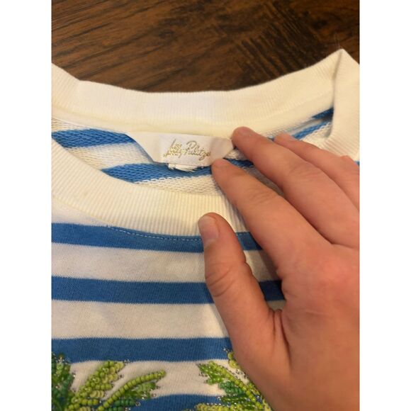 Lilly Pulitzer size Large Beaded Palm Tree Striped Beach Pullover Crewneck - Picture 5 of 7